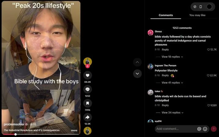 TikTok video by @problemsolver captioned 'Peak 20s lifestyle - Bible study with the boys,' where the viral comment 'Polyester lifestyle' helped spread the slang term.
