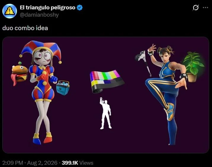 A viral X/Twitter post by @damianboshy pairing Pomni and Chun-Li as a 'duo combo idea,' which helped inspire the relapse hypnosis AI video trend.