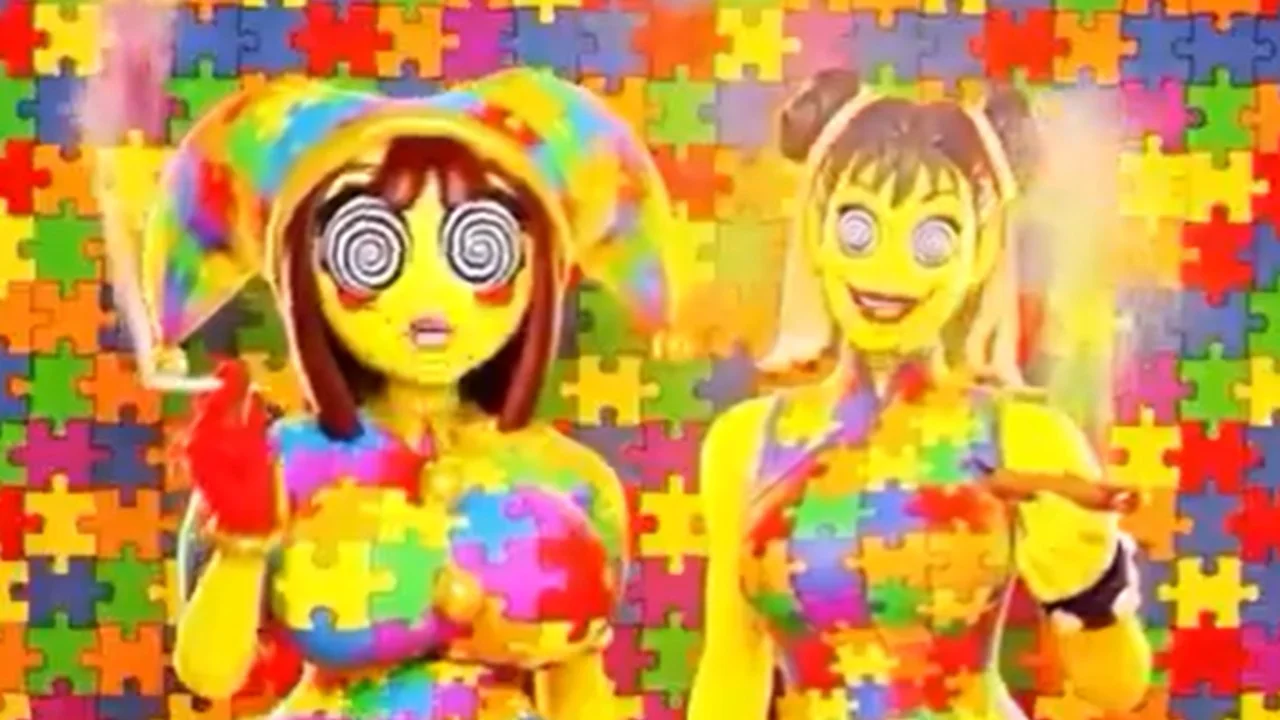 A still from the AI-generated 'Pomni and Chun-Li Relapse Hypnosis' video featuring both characters with hypnotic spiral eyes.