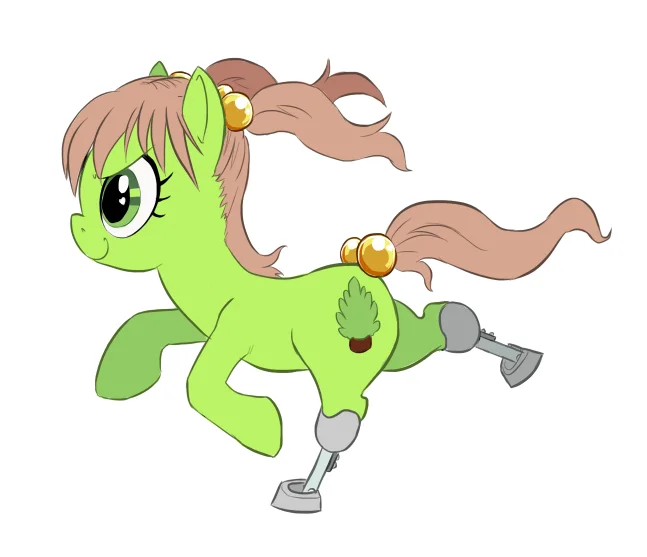 A character ponified into a green pony with prosthetic hind legs, illustrating creative adaptations within the Ponify meme.