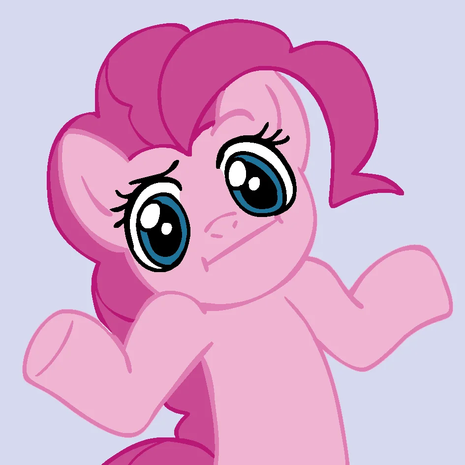 Pinkie Pie shrugging — one of the most widely circulated Pony Reactions images used to convey uncertainty or 'I don't know.'