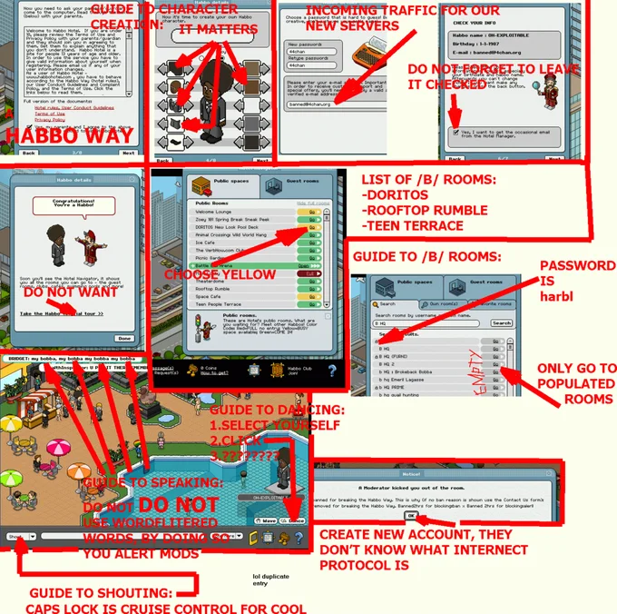 A step-by-step guide circulated on 4chan's /b/ board instructing raiders how to create the trademark afro-suited avatar and join the Habbo Hotel raids.