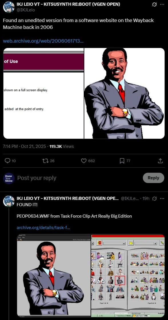 A 2025 Twitter thread finally identified the Pool's Closed illustration as tracing back to clip art file PEOP0634.WMF from Task Force Clip Art.
