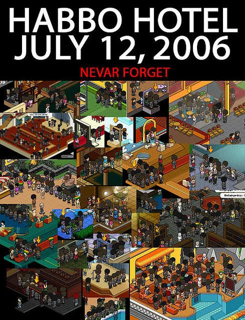A commemorative 'Nevar Forget' collage documenting the July 12, 2006 Habbo Hotel raid, considered the flashpoint of the Pool's Closed meme.