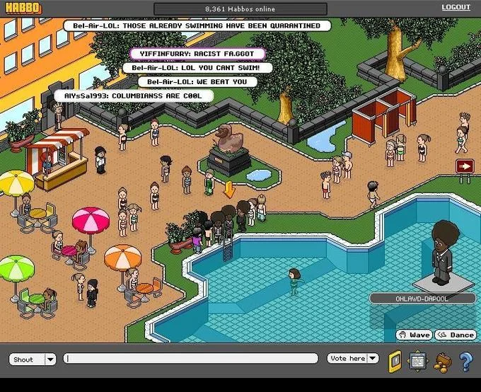 A screenshot from Habbo Hotel captures the 4chan raid in action, with identical afroed avatars blocking the pool.