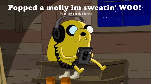 Cartoon Jake sweating with headphones.