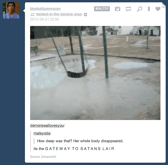 The Tumblr thread that coined the meme's 'gateway to Satan's lair' framing.