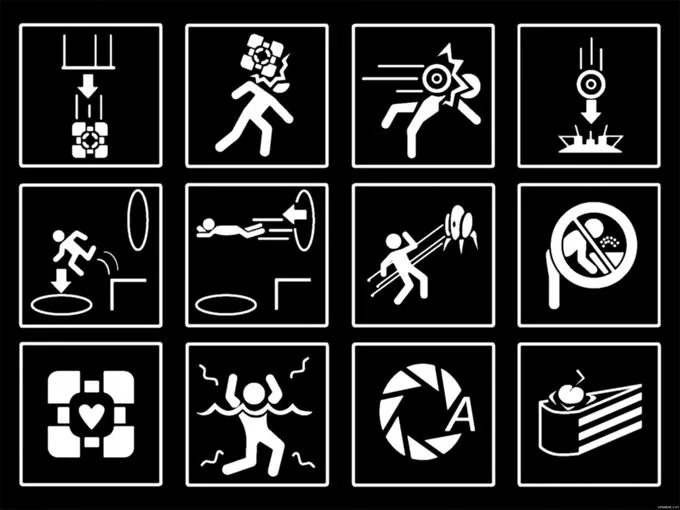 A collage of Aperture Science test chamber pictograms featured throughout the Portal series.