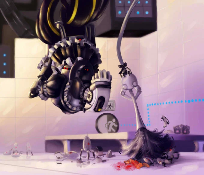 Dark fan artwork reimagining GLaDOS and destroyed turrets in an Aperture Science test chamber.