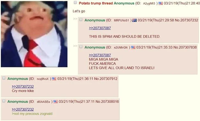 A 4chan thread from March 14, 2019 in which users debate and criticize the emerging Potato Trump meme.