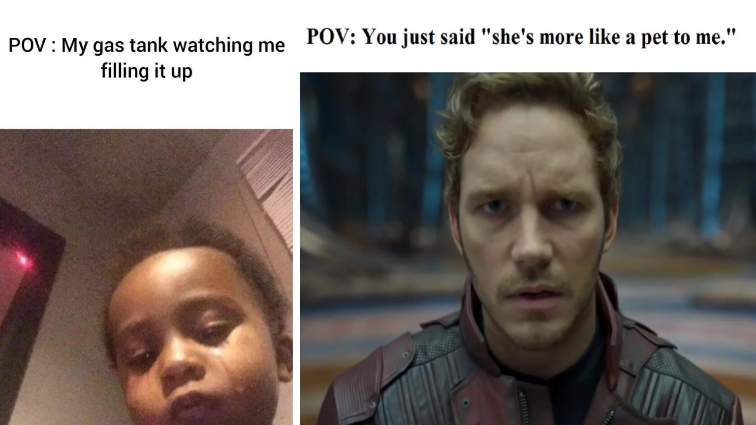 POV meme with two scenarios and contrasting reaction images showing different emotions