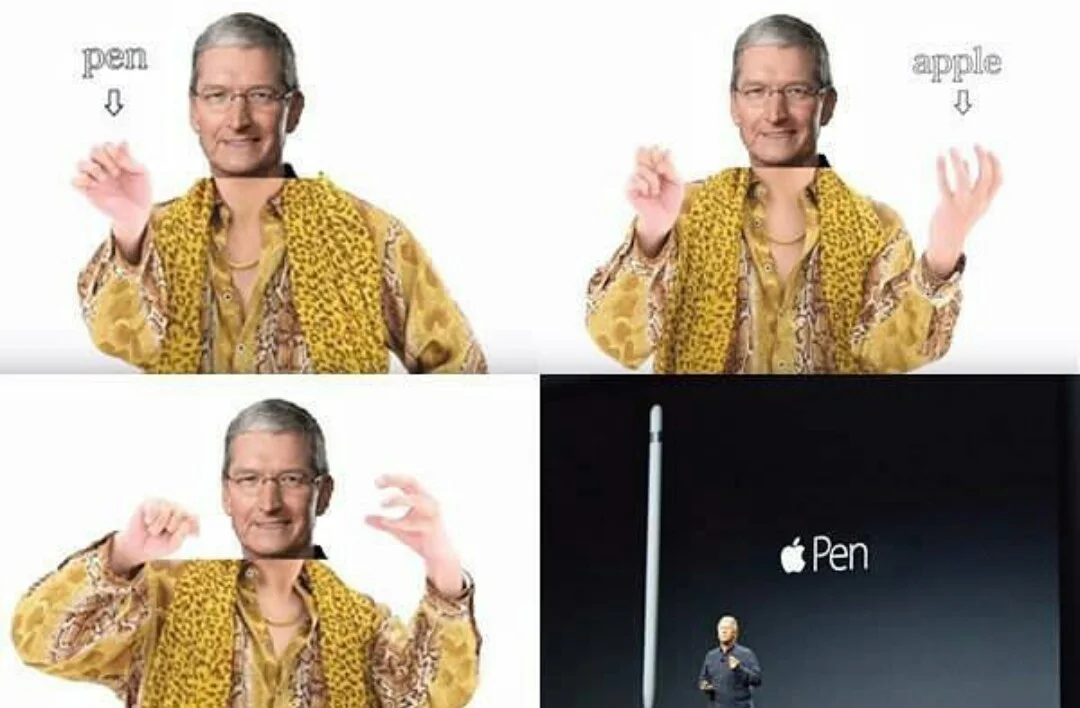 PPAP collage with Apple branding and puns.