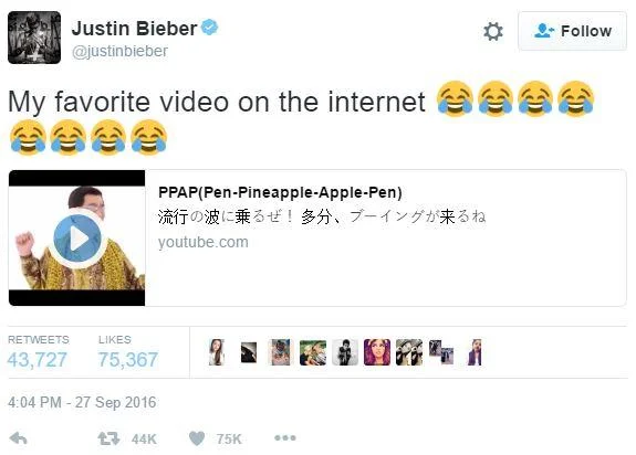 Justin Bieber endorses PPAP as favorite video.