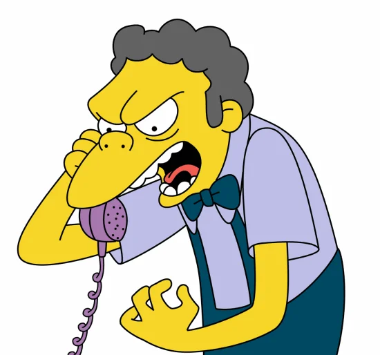 Moe Szyslak, the frequent victim of Bart Simpson's prank calls, reacts furiously to a caller on the phone.