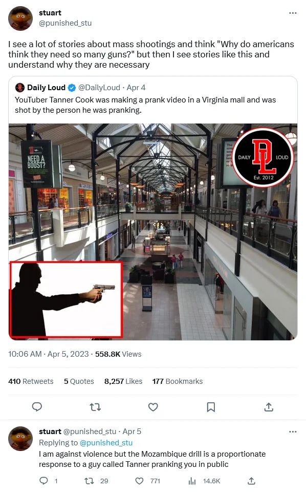 A Twitter thread reporting on the 2023 incident in which prank YouTuber Tanner Cook was shot during a prank at a Virginia mall.