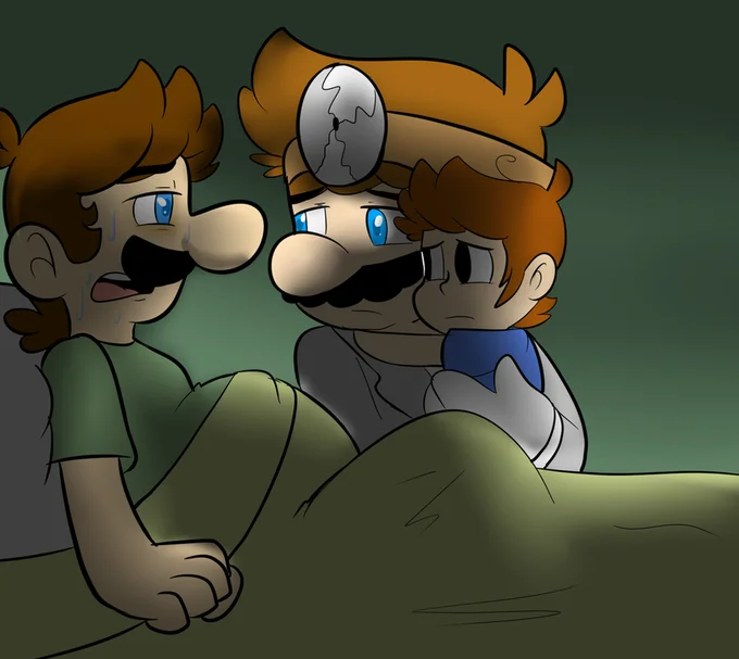A fan illustration of Dr. Mario tending to a pregnant Luigi as Princess Daisy looks on, part of the wider pregnant Luigi fan-art canon.