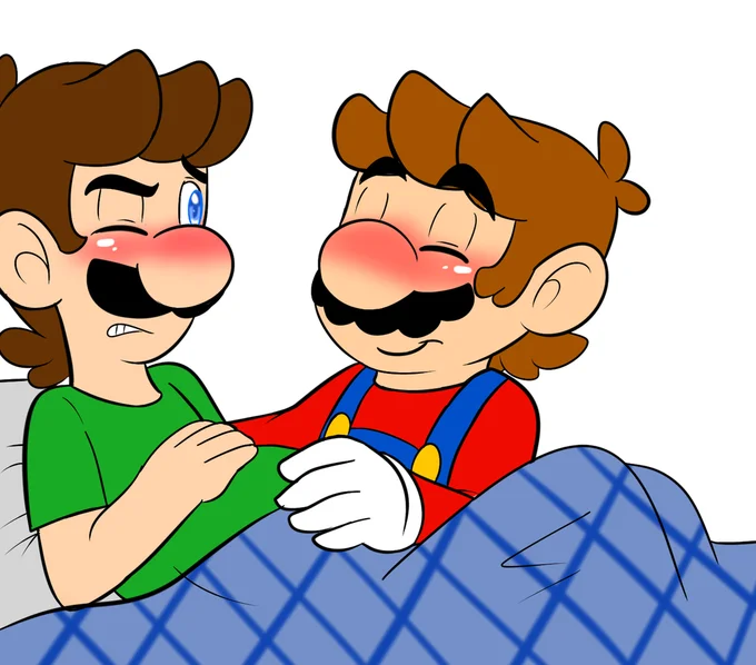 A fan illustration depicting an intimate moment between Luigi and a blushing Mario, tied to the romantic subtext of the pregnant Luigi meme.