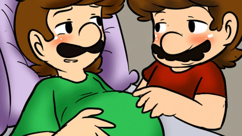 Fan art depicting a pregnant Luigi being comforted by Mario, one of the defining images associated with the pregnant Luigi meme.