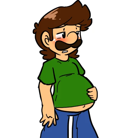 A minimalist fan illustration of a solo pregnant Luigi cradling his belly, capturing the core image of the meme.