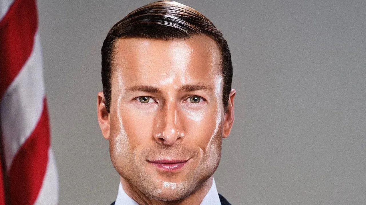 The cropped GQ cover portrait of Glen Powell that fueled the 'John Politics' meme, highlighting his glossy, uncanny presidential look.