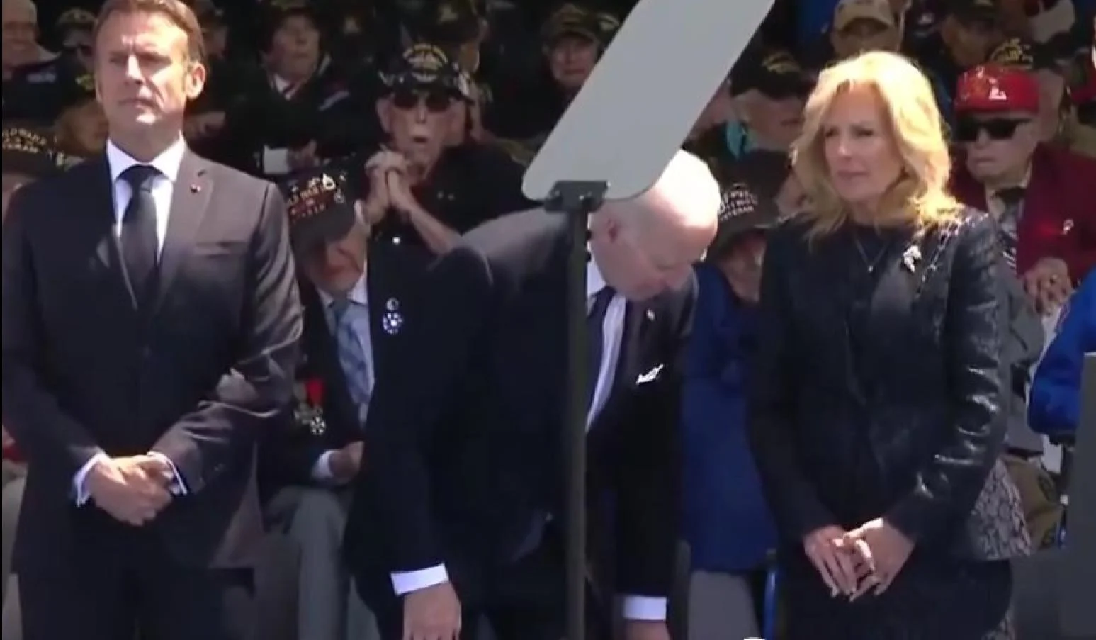 The viral video still from the June 6, 2024 D-Day 80th anniversary ceremony in Normandy that sparked speculation Biden had soiled himself on stage.