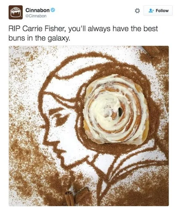 Cinnabon's viral tweet mourning Carrie Fisher featured a cinnamon-drawn Princess Leia portrait.