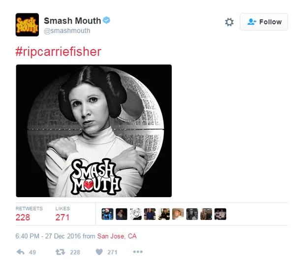 Smash Mouth paid a characteristically offbeat tribute to Carrie Fisher by photoshopping their logo onto Princess Leia.