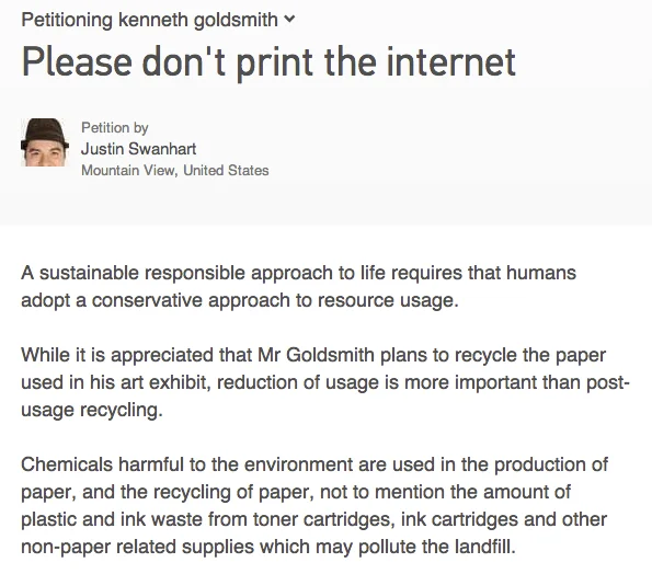 The Change.org petition 'Please don't print the internet' argued that reducing paper use is more important than post-usage recycling.