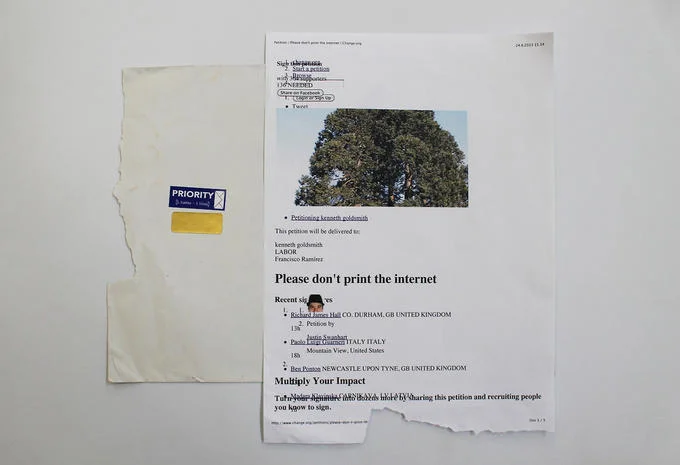 A printout of Justin Swanhart's Change.org counter-petition, 'Please don't print the internet,' opposing the exhibition on environmental grounds.