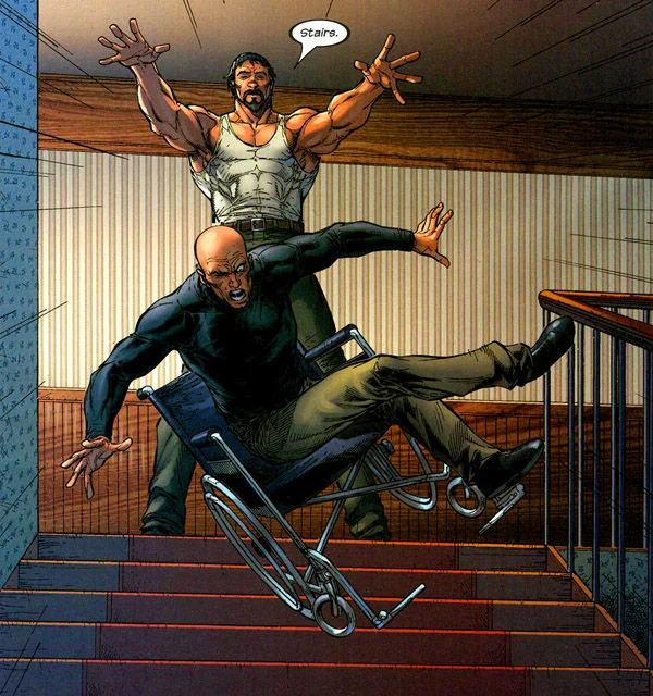 The iconic comic book panel depicting Professor X's 'one weakness' — stairs — as Wolverine pushes his wheelchair down a staircase.