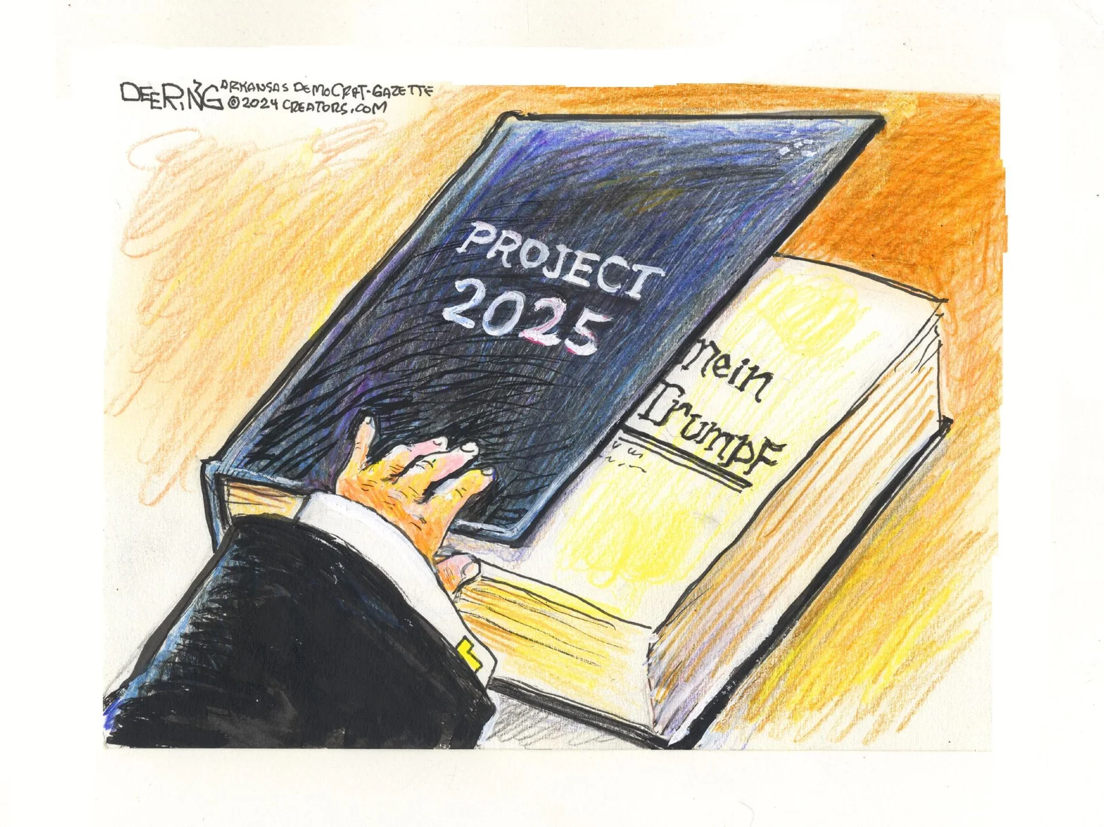 Political cartoon comparing Project 2025 to authoritarian ideology.