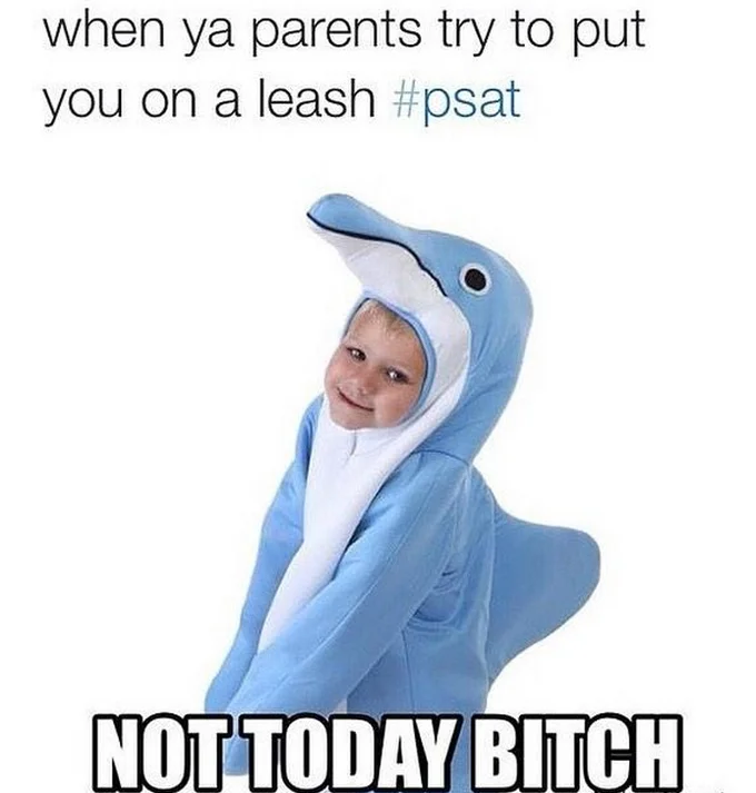 A #PSAT meme featuring a child in a dolphin costume defying parental control, part of the 2015 PSAT Twitter joke wave.