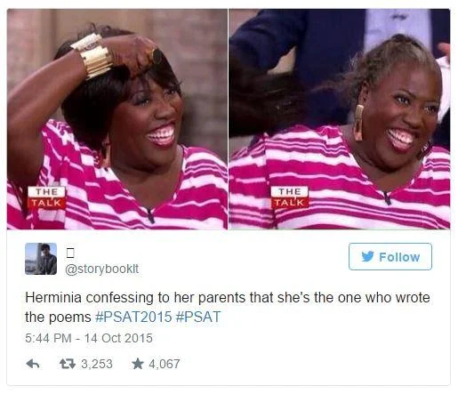 A viral #PSAT tweet dramatizing test-time panic through escalating selfies, referencing the exam's Herminia passage.