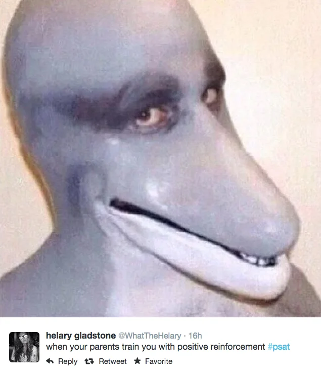 A viral #PSAT tweet by helary gladstone joking about parental positive reinforcement, using a distorted humanoid face image.