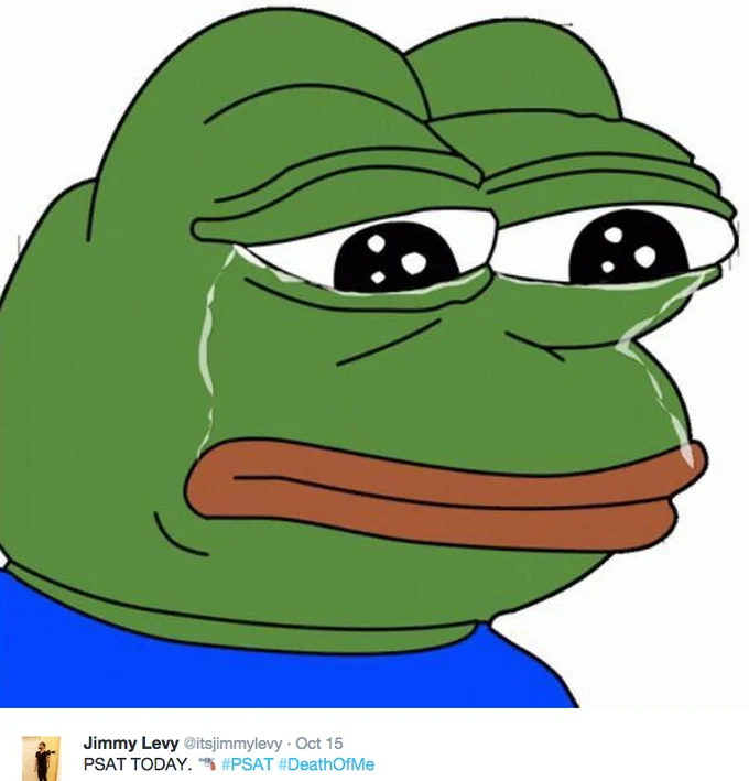 A #PSAT tweet using the Sad Pepe meme to express dread on the morning of the 2015 exam.