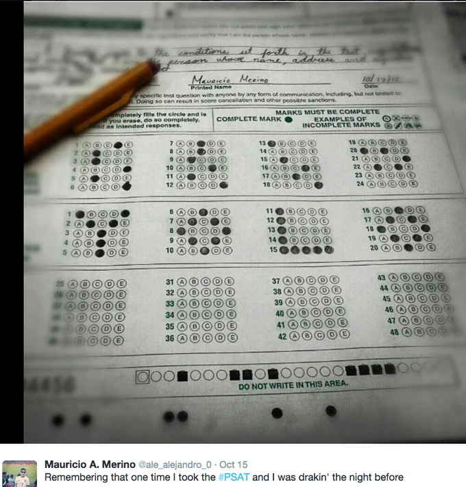 A viral #PSAT tweet showing a chaotically filled Scantron, joking about being unprepared for the exam.