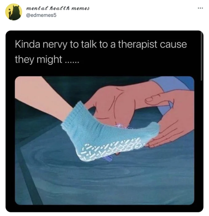 A meme on X playing on the fear of being committed to a psych ward, using the Cinderella slipper gag with grippy socks.