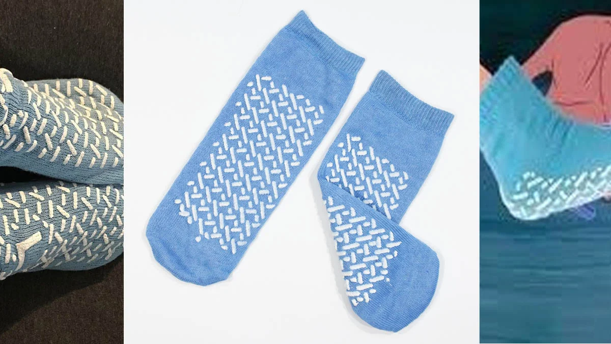 Header image for the Psych Ward Socks meme, pairing real-world hospital grippy socks with the Cinderella slipper joke that fueled the trend.