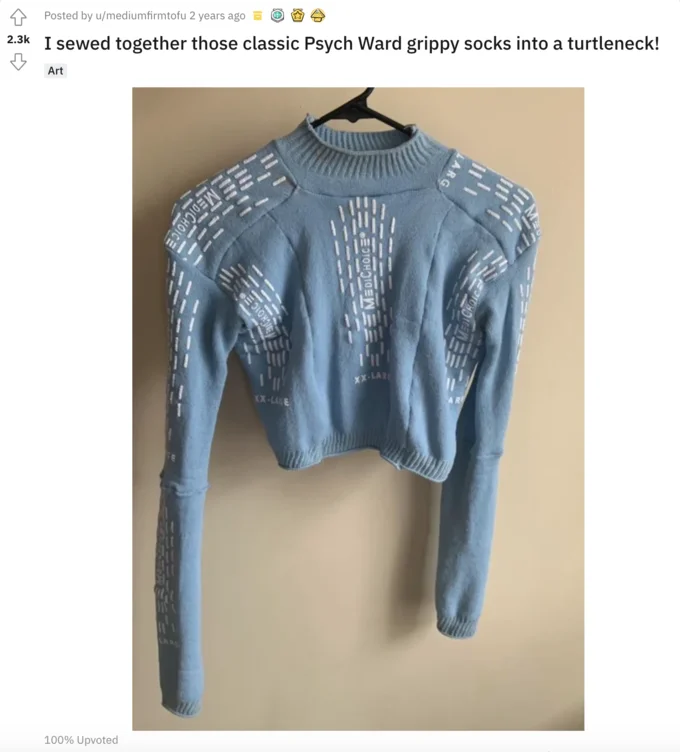 A viral Reddit craft post where a user stitched together hospital grippy socks into a wearable turtleneck sweater.