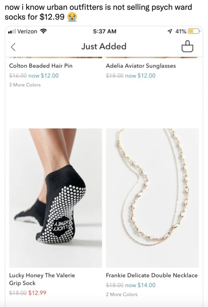 A tweet calling out Urban Outfitters for selling branded grippy socks that look identical to the ones distributed in psychiatric wards.