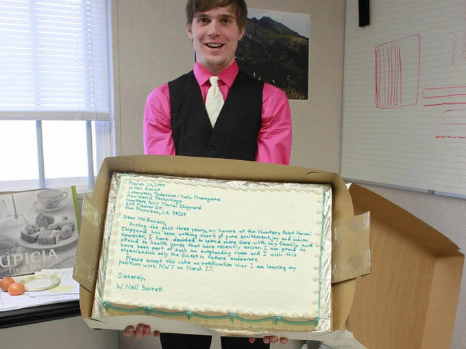 W. Neil Berrett's resignation cake, an iconic example of the public resignation meme, in which an employee quits by writing their resignation letter in frosting on a cake.
