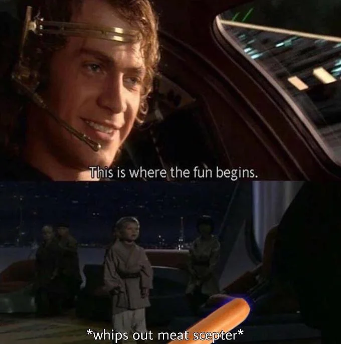 A Prequel Memes edit that swaps Anakin's lightsaber for a glowing sausage, pairing 'This is where the fun begins' with '*whips out meat scepter*'.