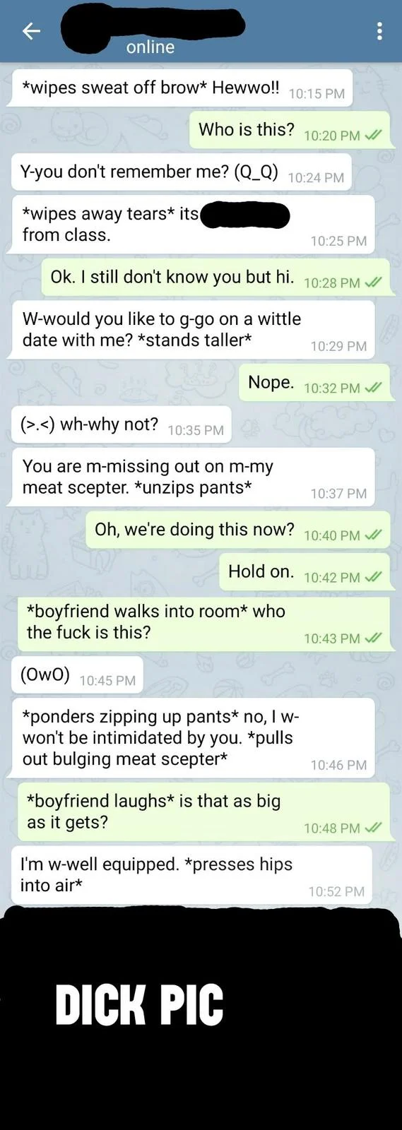 A viral Telegram exchange showcasing the 'meat scepter' roleplay trope, with the sender escalating from asterisk-action flirting to sending an image censored as 'DICK PIC'.