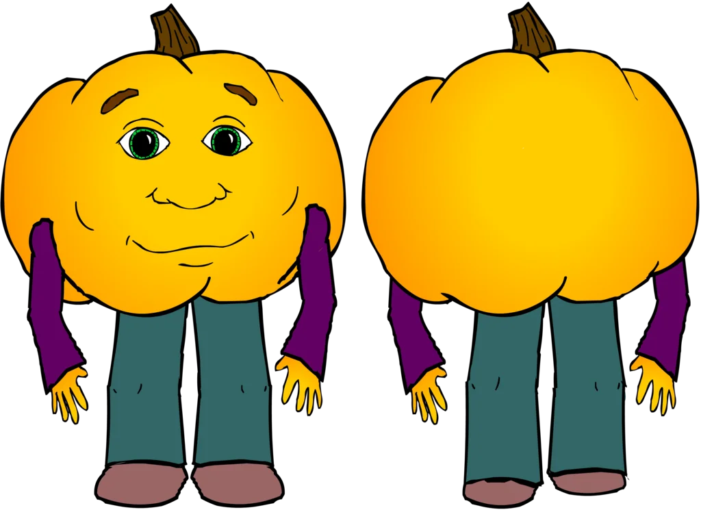 Official-style character reference art depicting Pumkin's full design from front and rear angles.