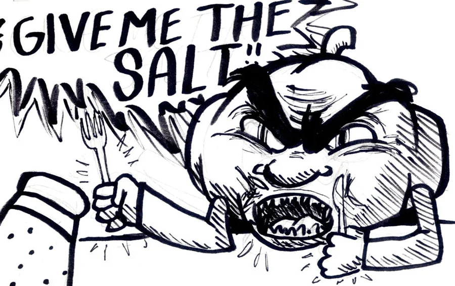 A fan-drawn sketch immortalizing one of Pumkin's most-quoted lines, 'GIVE ME THE SALT!!', as he lunges toward a salt shaker.