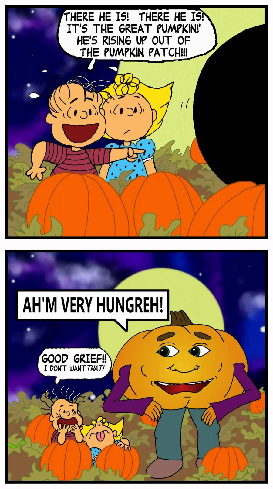 A crossover parody comic pairing Charles Schulz's Peanuts with the Pumkin meme, ending on the character's signature cry of hunger.
