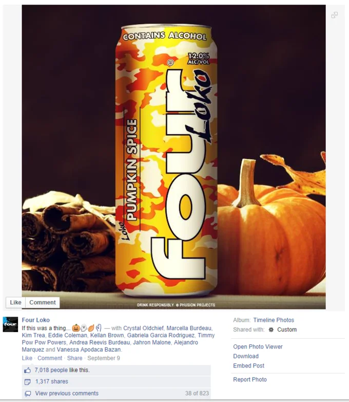 Four Loko's satirical 'Pumpkin Spice' can post riffed on the fall pumpkin spice product trend the Starbucks latte kicked off.