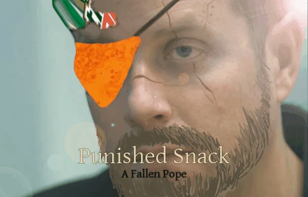 Punished Snack pun featuring a creative chip-based eye patch.