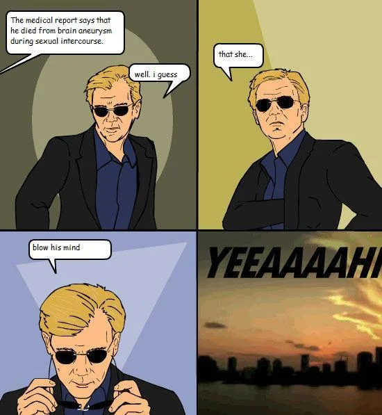 The canonical Horatio Caine comic template that popularized the 'puts on sunglasses / YEEAAAAHH' format.