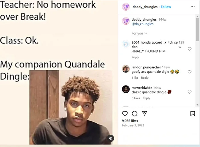 Social media homework joke meme featuring Quandale Dingle reference.